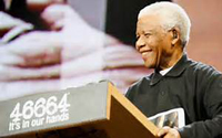 Nelson Mandela standing at podium that bears his prison number